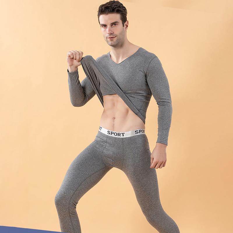 Men Winter Thermal Underwear V-neck Tops Pants Male Autumn Clothes Tight Suit Thicken Windproof Comfortable Soft Lining Long Sleeve High Elasticity