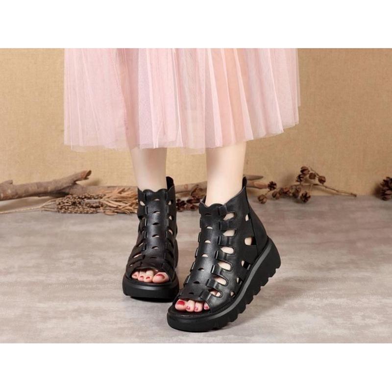 Fish Mouth Sandals Women's Summer Soft Leather Wild Hollow Sponge Cake Casual High-heeled Thick-soled Increased Flat-bottomed Women's Sandals