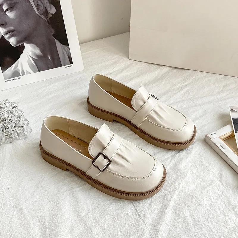 Female Retro British Style Black Leather Shoes Girls Spring Autumn Summer Flat Slip-on Single Shoes Casual Mother Home Shoes