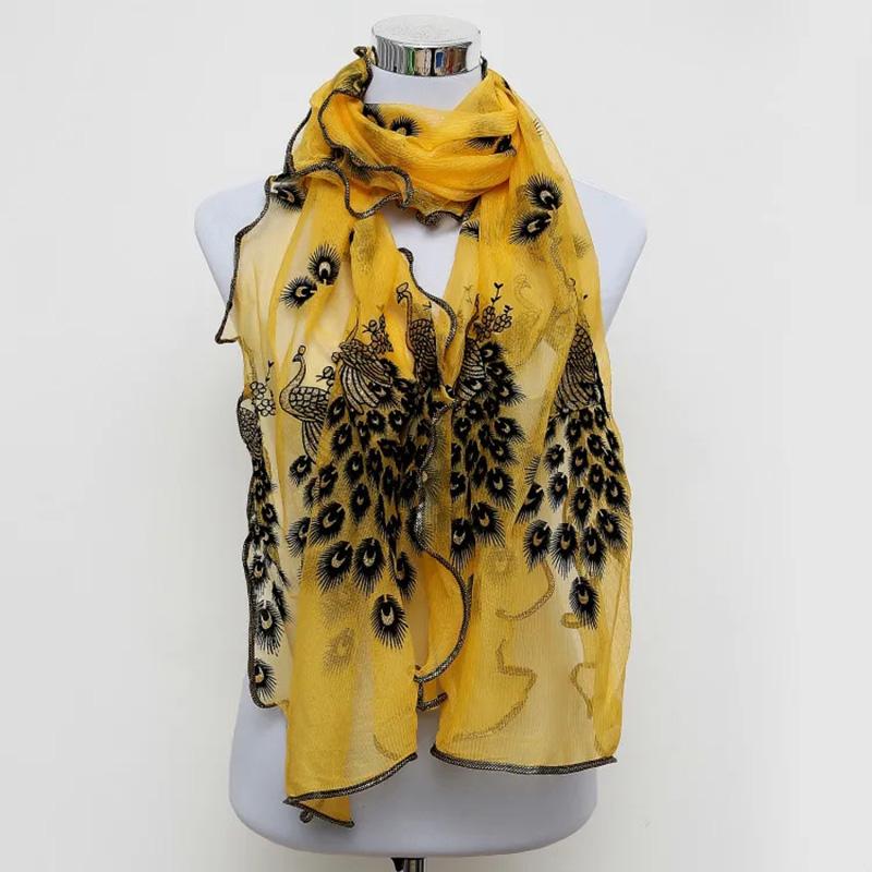 Women's Peacock Embroidery Scarf Bronzing Peacock Silk Scarf Lace Gauze Edging Solid All Match Neck Collar Scarves High Quality Neckerchief Shawls