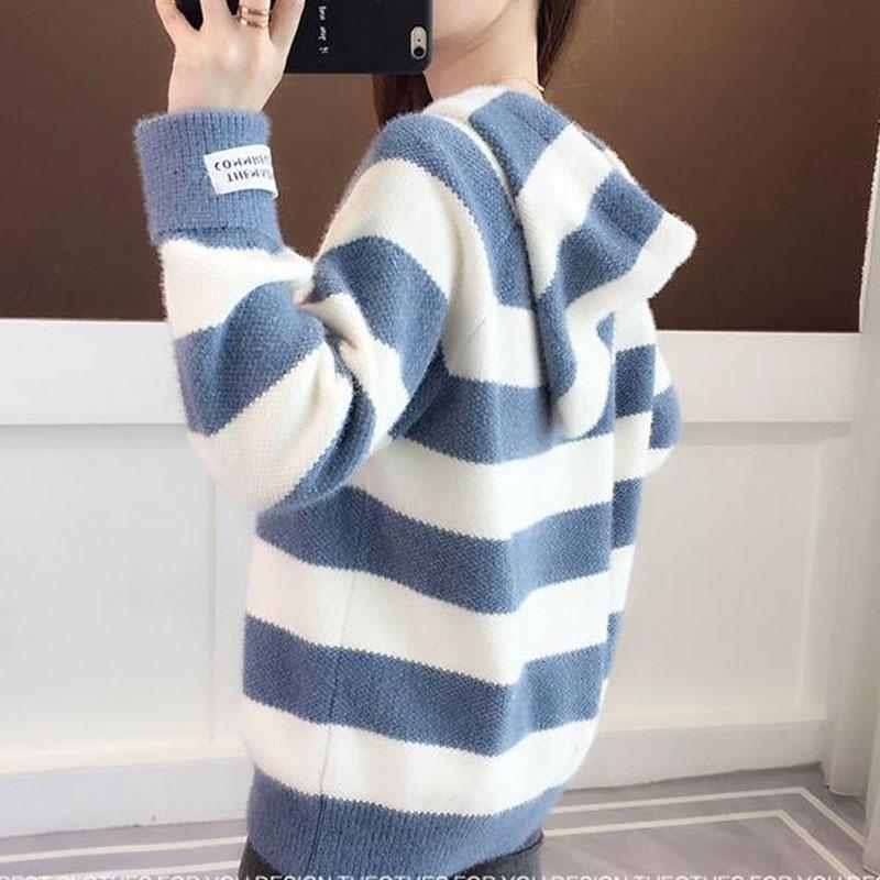 Autumn  Winter Thick Color-blocking Striped Pullover Sweater Women Imitation Mink Sweater Women Mohair Hooded Sweater Outwear