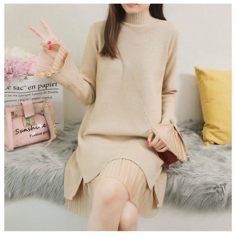 Pofulove Long Section Chiffon Bell Sleeve Sweater Dress Sweet Solid Color Jumper Knitwear Skirt