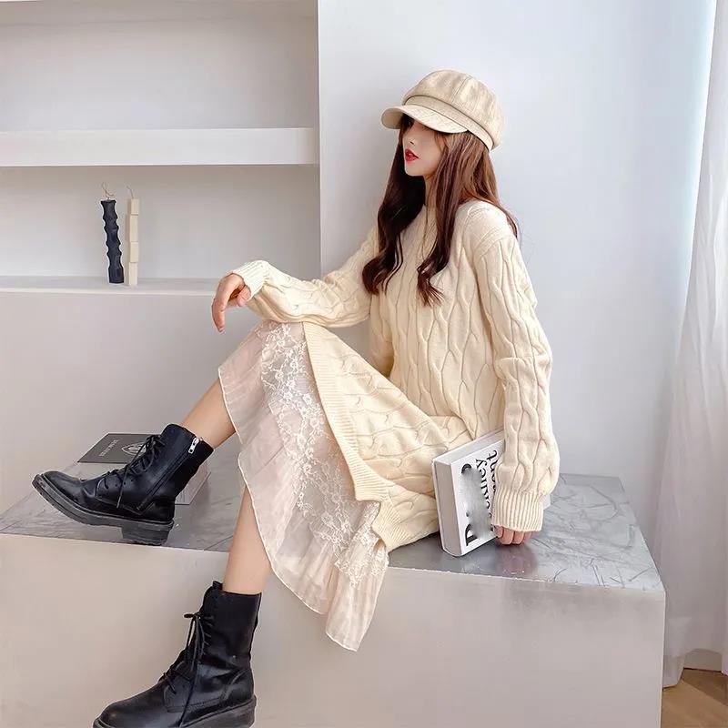 Sweater Dress Female Over-the-knee Base Skirt Mid-length Round Neck Pullover Long-sleeved Warm Sweater Lace Loose Sweet Wind