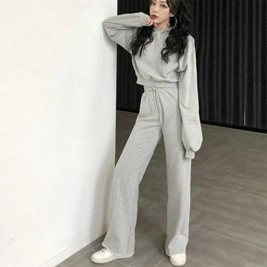 2PCS Women's Spring/Summer Casual Suit Long Sleeve Short Hooded Sweater + Loose Thin Elastic High Waist Wide Leg Pants Ladies Two-piece Sports Suit