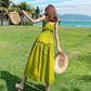 Pofulove Women Retro Thin Green Elastic Waist Strap Dress Below The Knee Sling Dresses Beach Dress