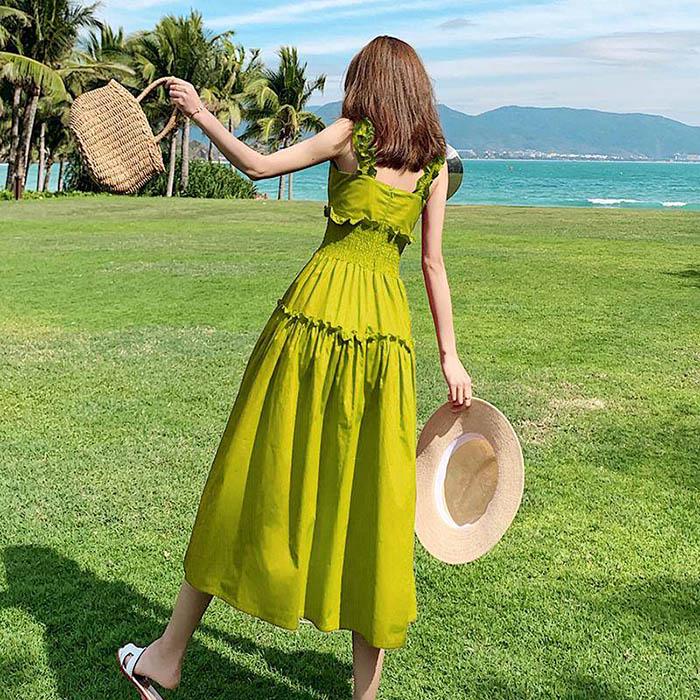 Pofulove Women Retro Thin Green Elastic Waist Strap Dress Below The Knee Sling Dresses Beach Dress