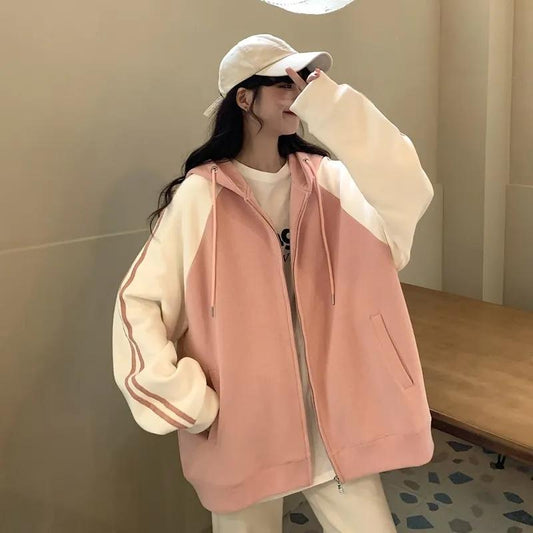 Blue Sweater Women's Korean Style Loose and Lazy Style Thin Hooded Cardigan Girl's Preppy Jacket Long Sleeve Sweatshir