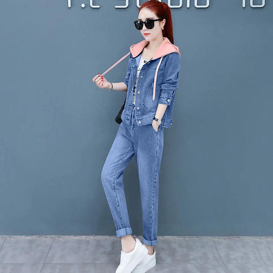 Casual Denim Suit Slimming Denim Hooded Jacket Long-sleeved Jacket + Jeans Two-piece Warm and Comfortable Ladies Casual Suit