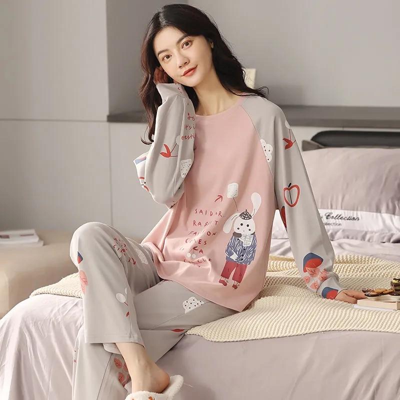 Cotton Pajamas for Women Long Sleeve Home Wear Set Spring Autumn Pullover Pyjamas Suit Cartoon Cute Sleepwear Loose Casual Nightwear Tops and Pants