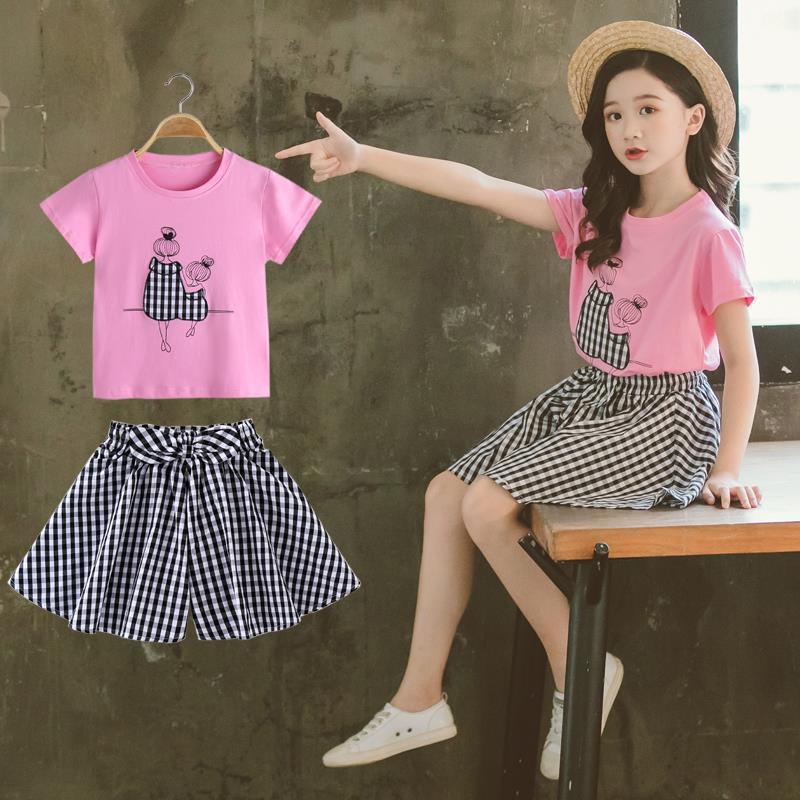 2PCS Children Clothing Set Spring Summer Girls Suits Bow Printing Short Sleeve Tops + Pants Clothing Set