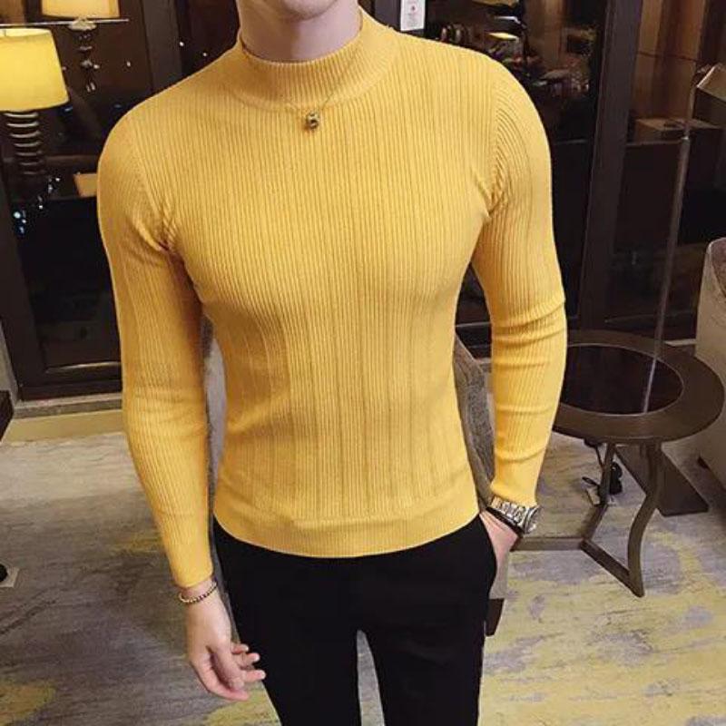 Half Turtleneck Sweater Men's Long-sleeved Sweater Korean Version of Slim High-neck Striped Sweater Men's Bottoming Shirt