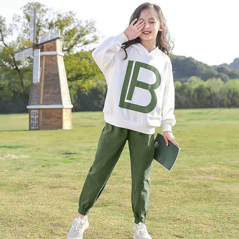 Girls Sports Set Spring and Autumn Hooded Pullover Long-sleeved Sweater Letter Printing Loose Trousers Casual Two-piece Set