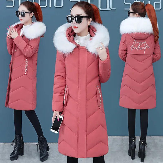 Mid-length Down Jacket Winter Ladies Fashion Big Fur Collar Hooded Mid-length Korean Waist Coat