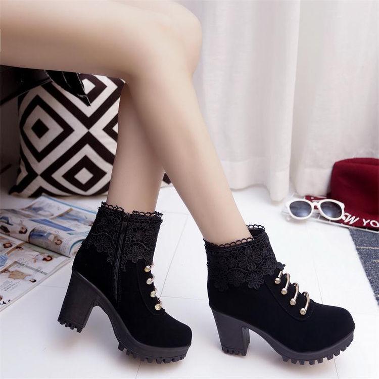 Women's Boots High-heeled Shoes Snow Boots Winter Fur Thick Ankle Boots  Plus Velvet Cotton Shoes