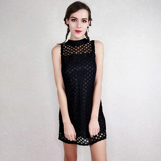 Summer Sleeveless Dress Women Loose Lace Hollow High Waist Dress Large Size A-line Dress