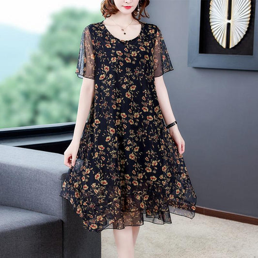 Large Size Short-sleeved Dress Women Summer Mid-length Round Neck Print Small Floral Comfort and Cool