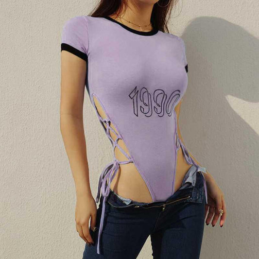 Women Summer Side Bandage Jumpsuit Female Summer High Waist Jumpsuit T-shirt Bottoming Shirt Leisure Sexy Tee