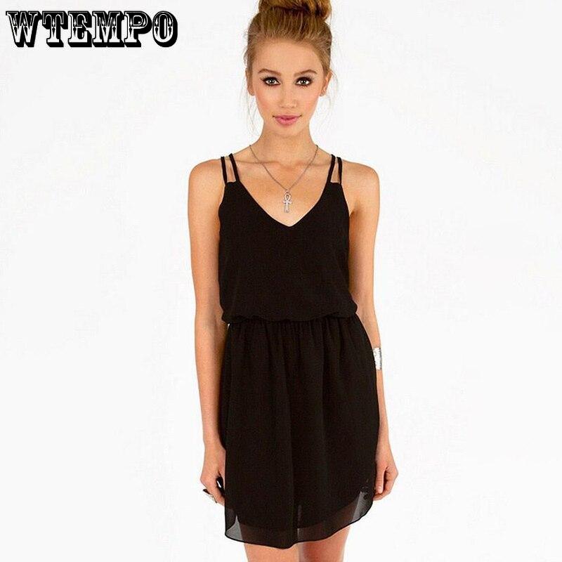 Summer Sling Beach Dress Women Double Spaghetti Straps V Neck Sleeveless Sexy Mini Dresses Black Red Solid Color