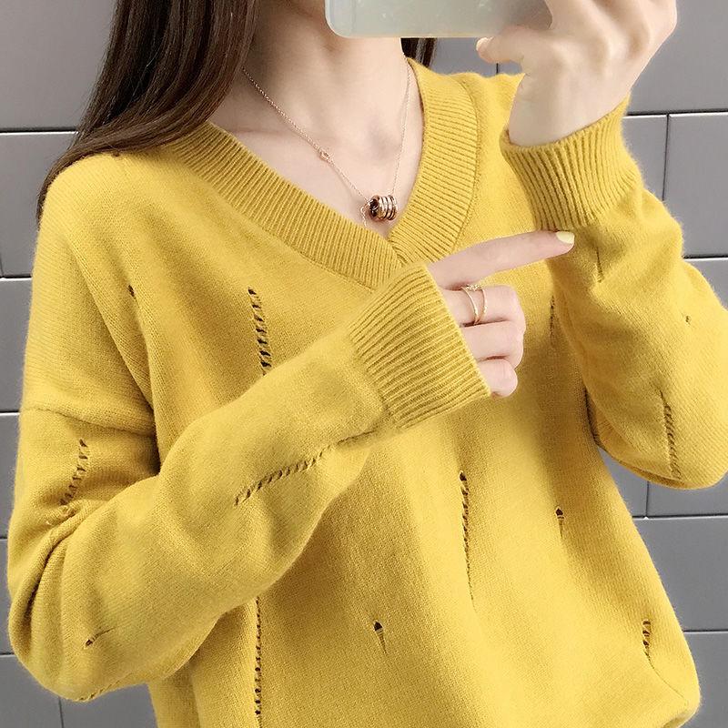 Spring and Autumn Loose V-neck Sweater Solid Color Hollow Top Long Sleeve All-match Female Top