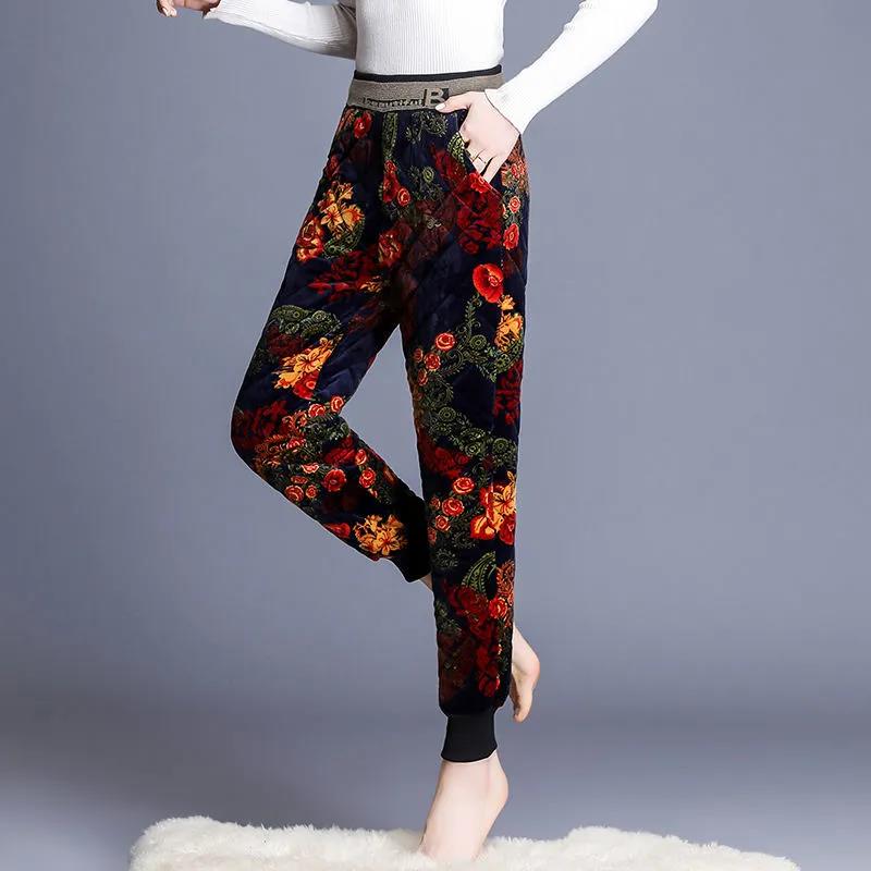 Middle-aged Elderly Plus Velvet Cotton Pants Women's Elastic High Waist Thickened Warm Pants Loose Casual Pants for Outer Wear