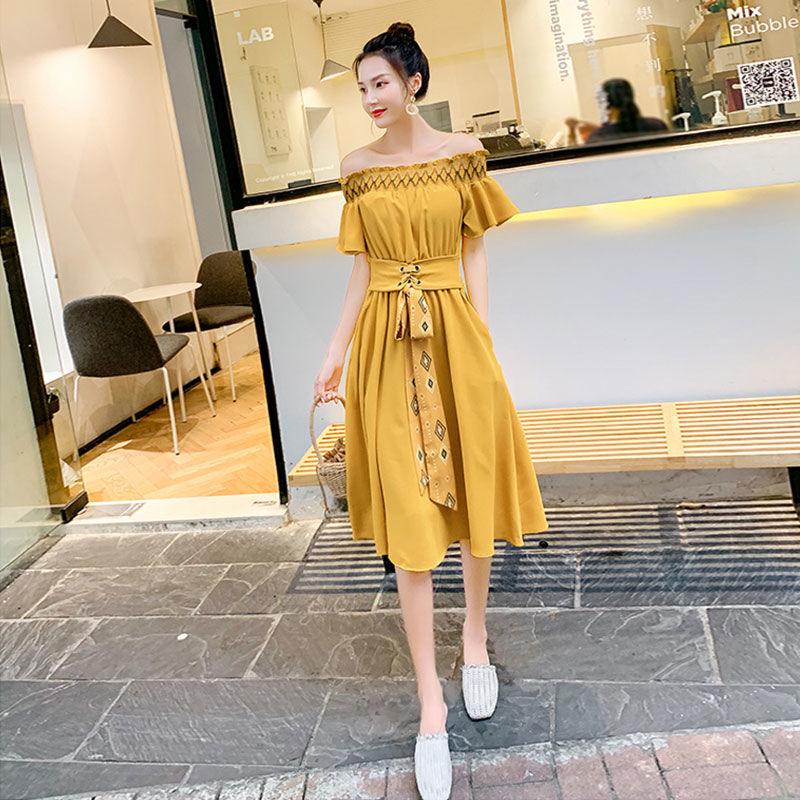 Pofulove Off-the-shoulder Dress Summer Party Dress Retro Chiffon Skirt Long A-line Dress with Belt