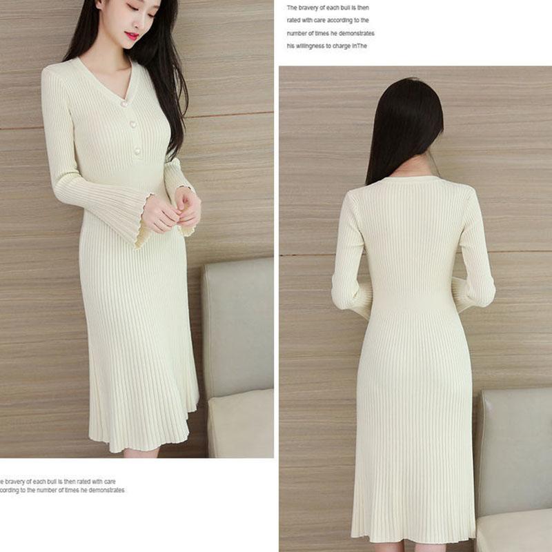 Autumn and Winter V-neck Knitted Dress Thick Flared Sleeve Tight-fitting Base Dress Mid-length Over The Knee Women's Sweater Dress