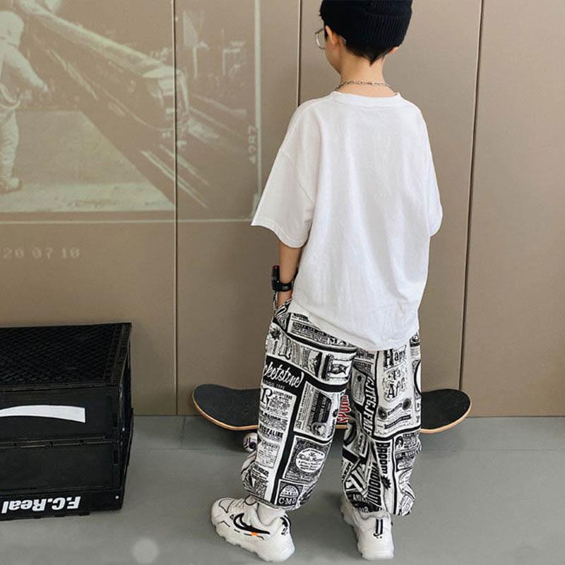 Boys Cotton Short Sleeve Summer Thin Breathable Graffiti Top + Printed Loose Pants Casual Children's Two-piece Set