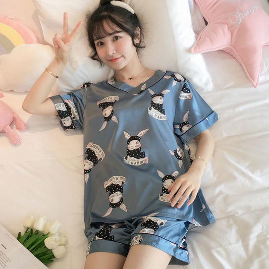 Two-piece suit cute thin ice silk summer home service Pajamas female summer short-sleeved silk