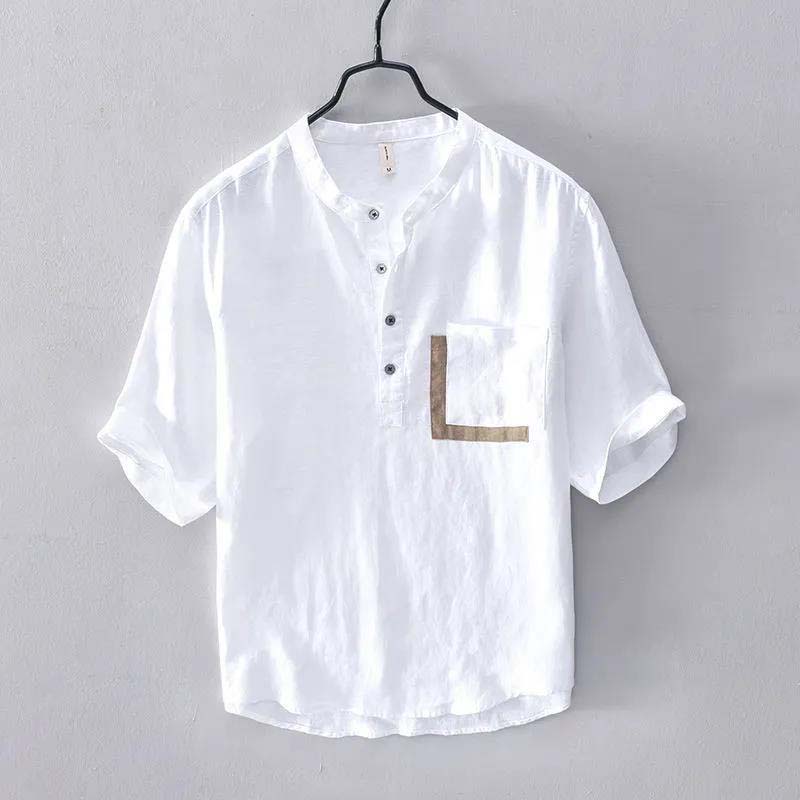 Cotton and Linen Stand-collar Short-sleeved Shirt Summer Men's Loose Thin Casual Retro Breathable Pullover Shirt