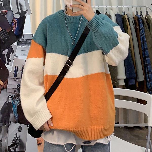 Autumn and Winter Round Neck Men's Sweater Student Loose Color Matching Jacket Long-sleeved Striped Bottoming Shirt