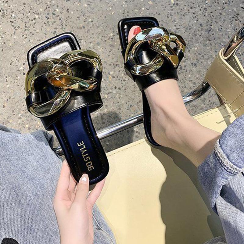 Fashion Chain Flat Sandals Slippers Women Summer Wear All-match Open-toed Sandals Women