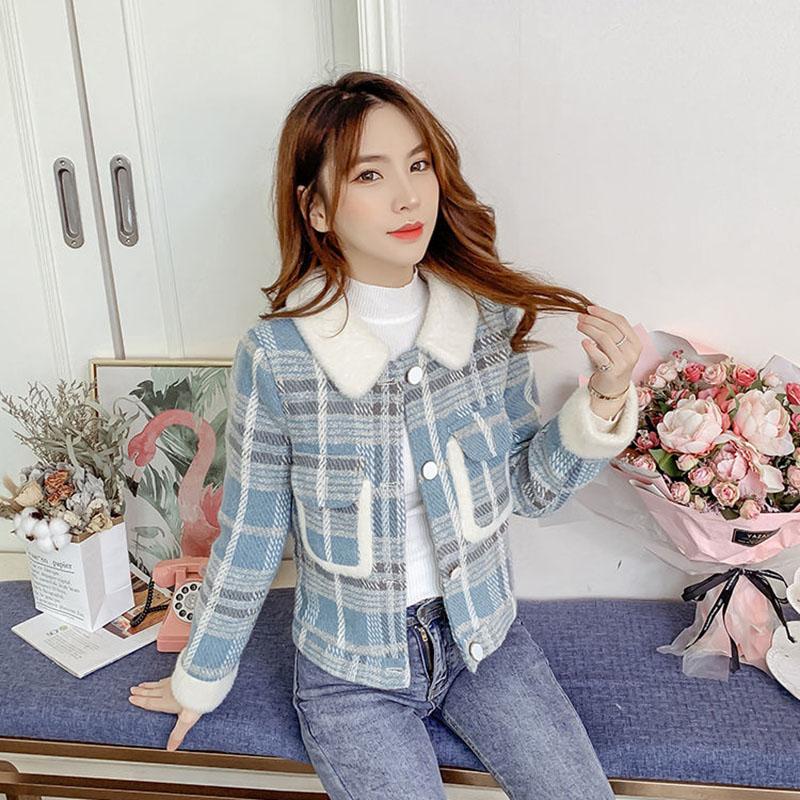 Winter Korean Style Plaid Fur Collar Casual Loose Jacket Women Fashion All-match Straight Short Top