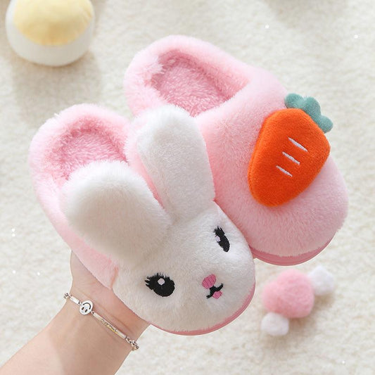 Autumn and Winter Children's Cotton Slippers Indoor Warmth Flat-bottomed Cotton Shoes Rabbit and Radish Design