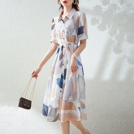 Summer Women's Light and Comfortable All-match Skirt Mid-length Lapel Dress