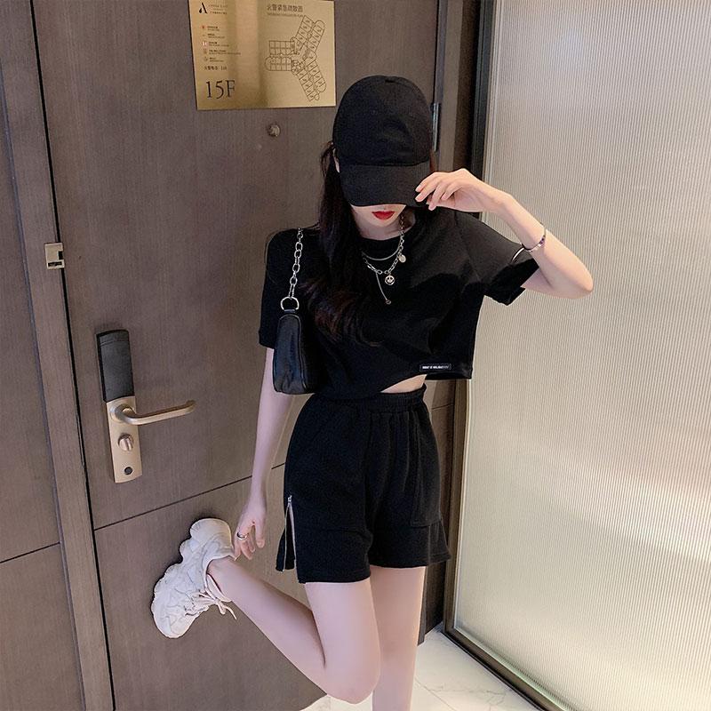 2PCS Summer Leisure Sports Suit Athletic Girl Student Short Sleeve T-Shirt + Split Zipper Shorts Fitness Casual Two-piece Suit Tracksuits for Women