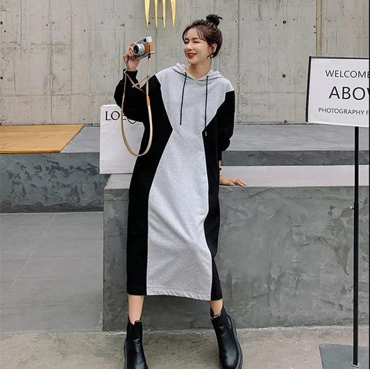 L-XXXXL Mid-calf Sweater Dress Women Spring and Autumn Plus Size Hooded Long Sleeve Loose Dress