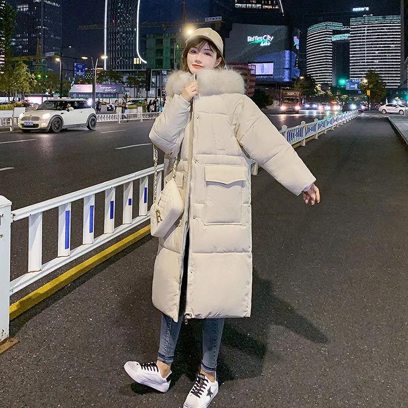 Down Jacket Winter Ladies Fashion Korean Big Fur Collar Thick Warm Hooded Mid-length Plus Size Cotton Jacket