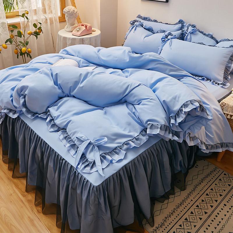 Korean Brushed Bed Skirt Bowknot Four-piece Princess Style Bed Cover Thick Non-slip Lace Bedding