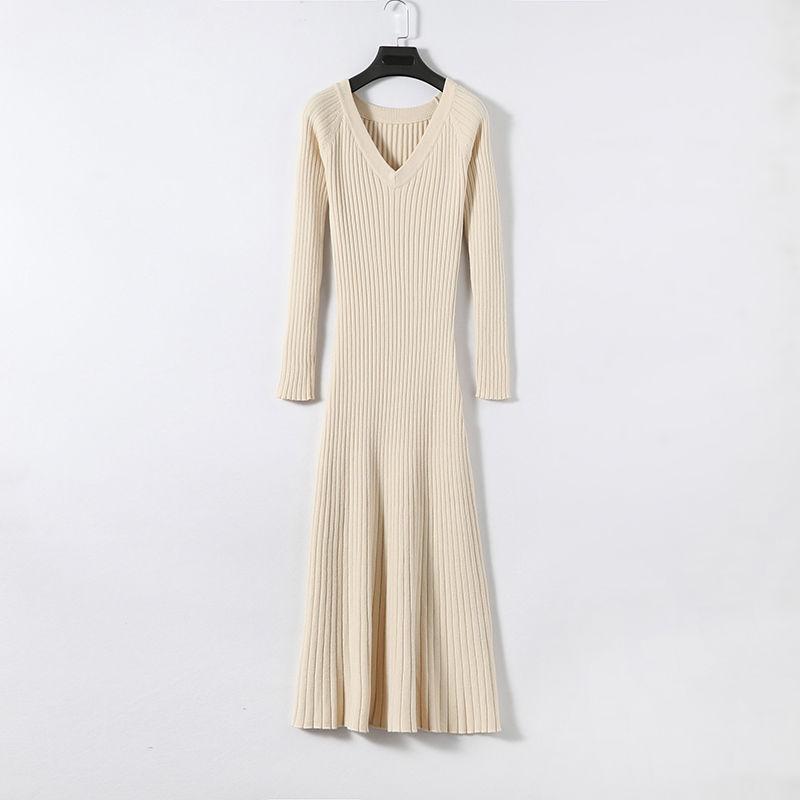 Autumn and Winter Thickening V-neck Bottoming Skirt Mid-length Hedging Slim Dress Over The Knee Knitted Sweater Dress for Women