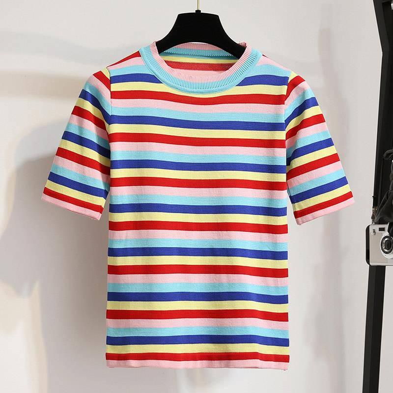 Shorts Set Summer Elastic Rainbow Stripe T-shirt Denim Shorts Two-piece Women's T-shirt Set