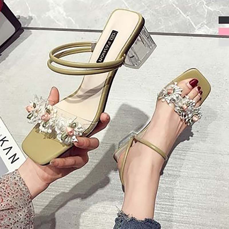 Sandals Female Spring and Summer Fairy Style Korean Fashion Flower High-heeled Two-wear Thick-heeled Slippers