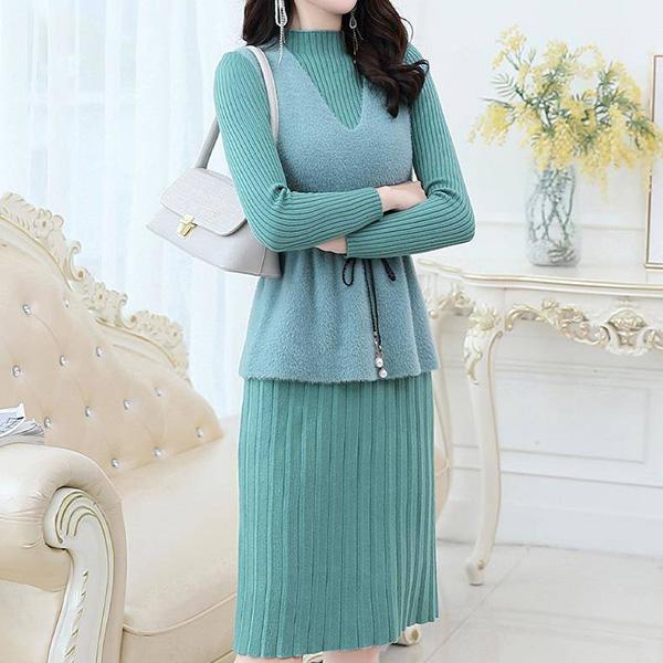 Autumn and Winter All-match Solid Color Two-piece Suit V-neck Vest Knitted Dress Women's Waist Strap Waistcoat