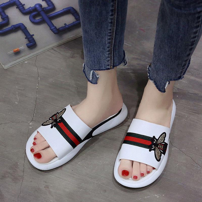 Plus Size 35-40 Summer Women PU Leather Slippers Outdoor Flat Bohemian Beach Wear-resistant Non-slip Office Lady Bee Sandals