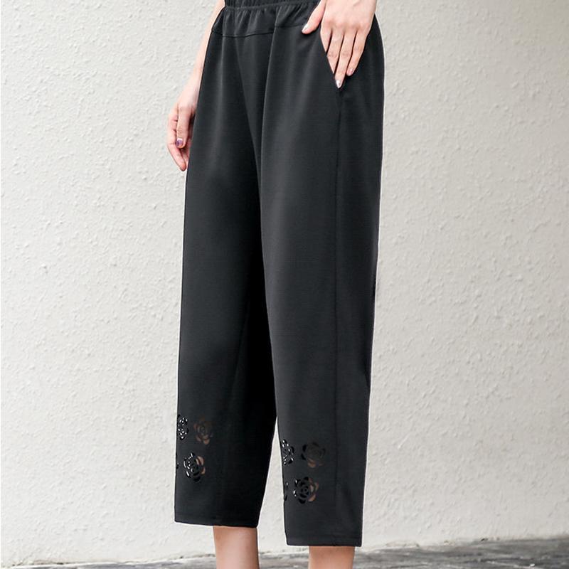 Summer Thin Stretch Mother Cropped Pants Elastic High Waist Loose Middle-aged and Elderly Women's Grandma Pants Hollow Casual Pants