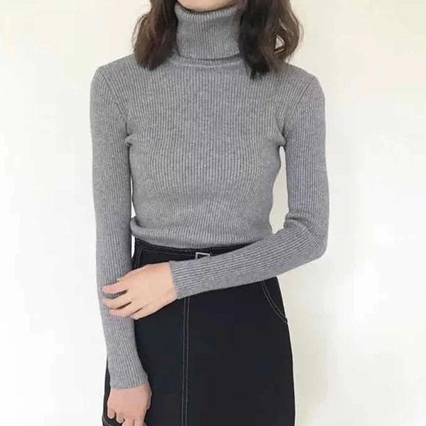 Women's Autumn and Winter Solid Color Thick Sweater Female Knitted Ribbed Pullover Sweater Long Sleeve Turtleneck Slim Soft Warm Sweater