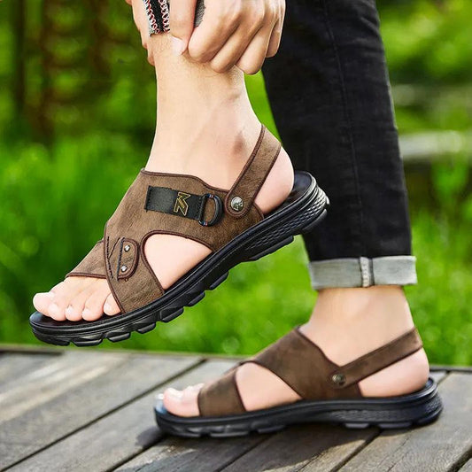 Men's Sandals Outer Wear Genuine Cowhide Leather Soft-soled Sandals Summer Thick-soled Beach Sandals Dual-use Slippers Open Toe Sandals