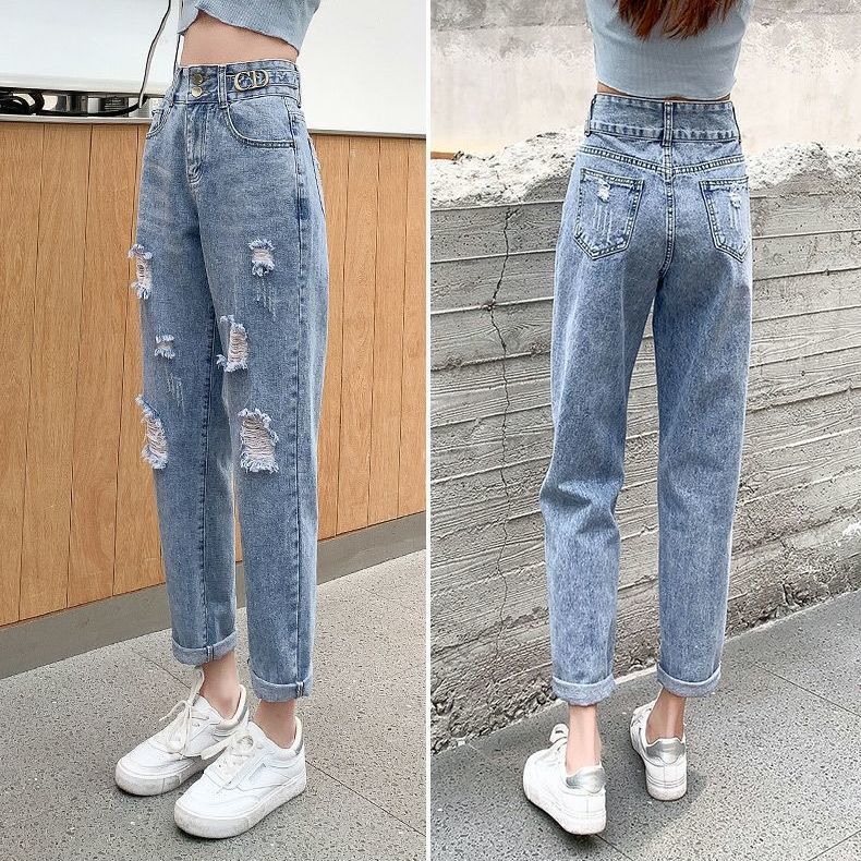 Women Spring Summer Cropped Pants Loose Vintage High Waist Straight Streetwear Denim Ripped Jeans