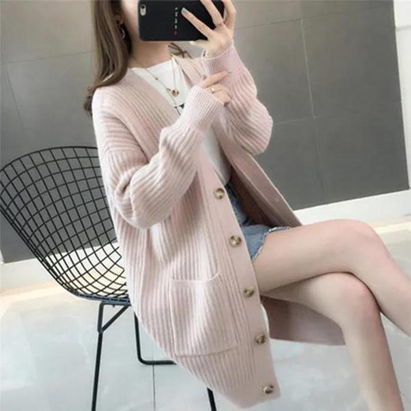 Knitted Cardigan Mid-length Loose Sweater Coat Women's Spring and Autumn Thickened Coat