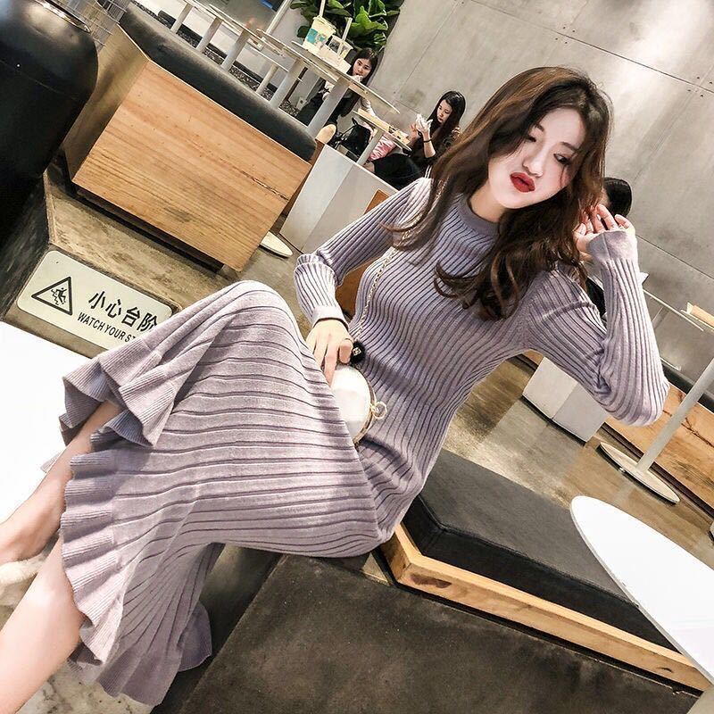 Fashion Slim Dress Winter Long Sleeve Half High Neck Buttoned Knit Sweater Mid-length Thin Dress