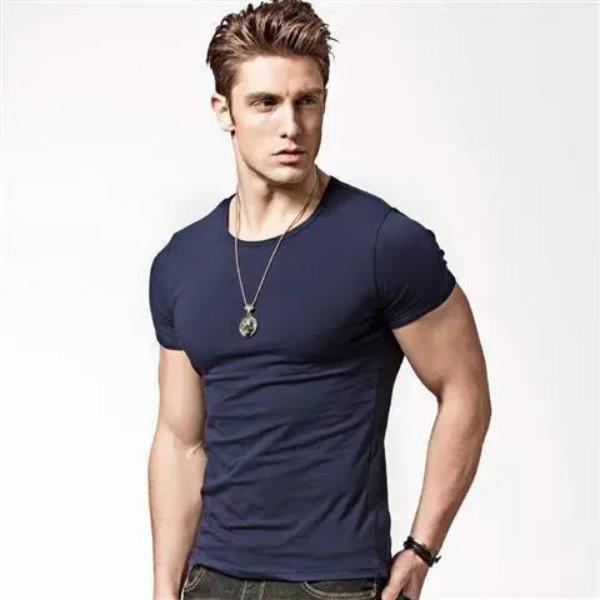 Men's Slim T-shirt Short-sleeved Sports Stretch Solid Color Round Neck Bottoming Shirt Fitness Half-sleeved Top Summer Tide